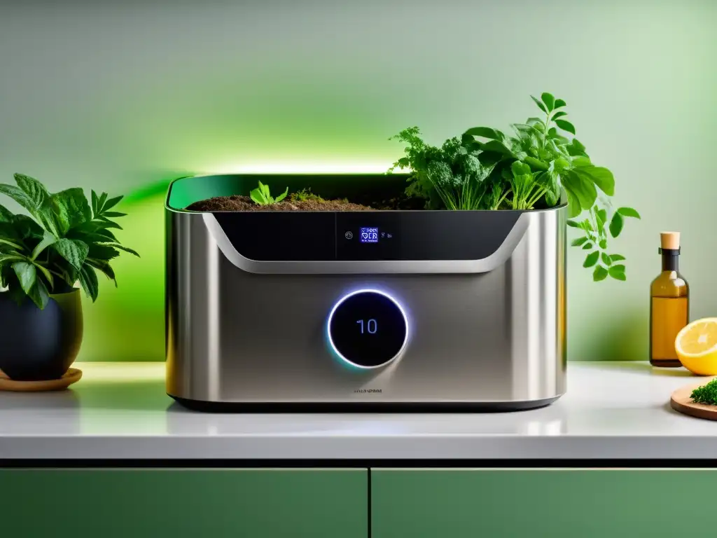 Tecnología innovadora para compostaje en casa: Una máquina de compostaje integrada en una elegante cocina, con plantas verdes y una interfaz futurista