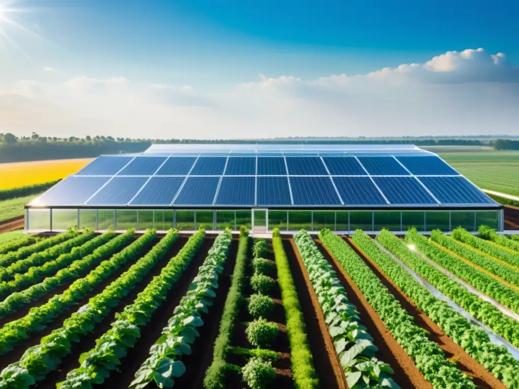 Tecnologías sostenibles para agricultura inteligente: Moderno invernadero con diseño futurista, paneles solares y exuberante vegetación