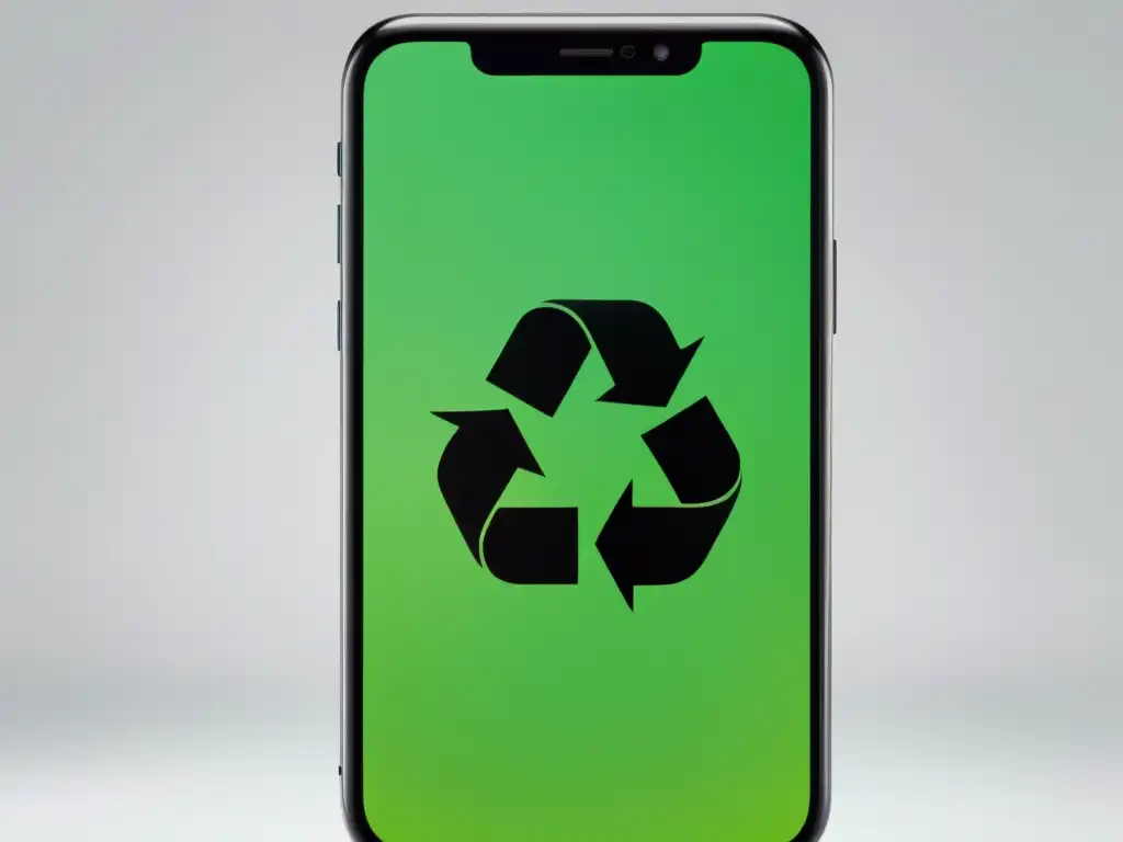 Un teléfono móvil moderno y elegante con el símbolo de reciclaje en la pantalla, sobre fondo blanco