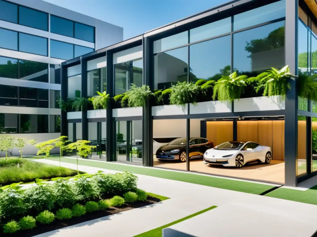 Construcción ecológica tendencias negocios: Edificio moderno rodeado de naturaleza, paneles solares y estaciones de carga para coches eléctricos