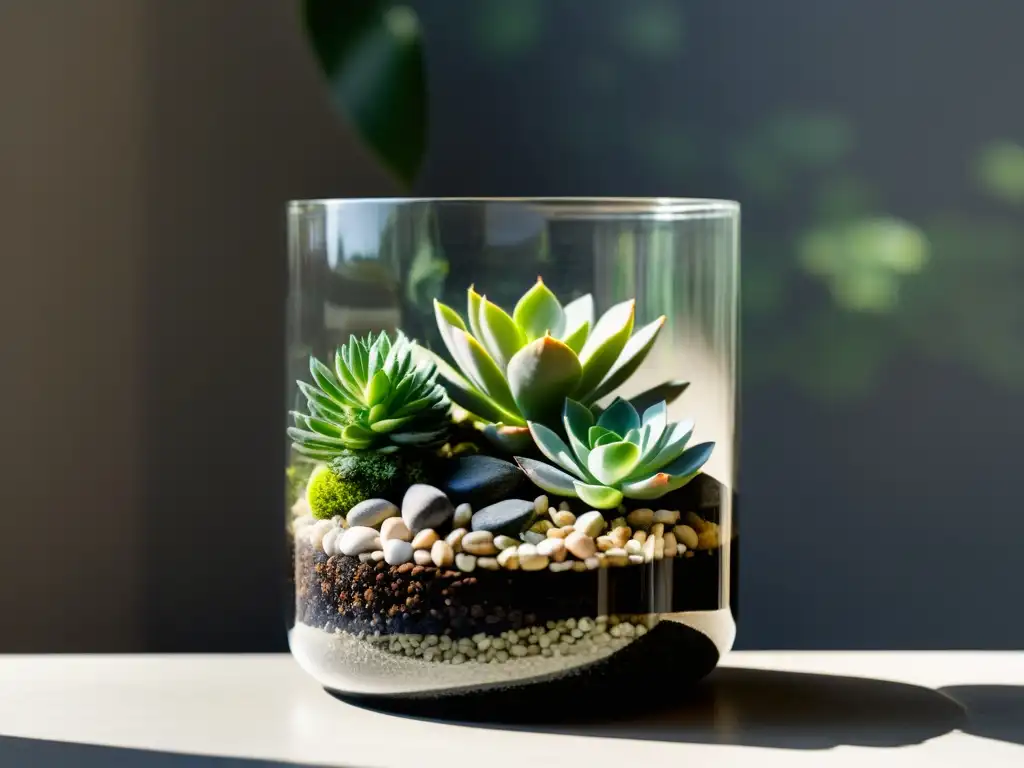 Un terrario en envase de vidrio reciclado, con plantas suculentas, musgo y piedras en capas, bañado por la suave luz del sol