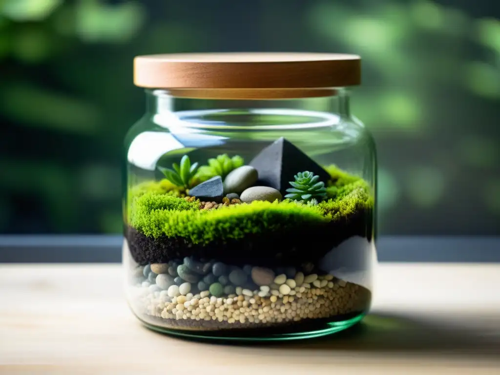 Terrario en envase de vidrio reciclado con capas de rocas, carbón, tierra y musgo verde vibrante, iluminado por suave luz solar