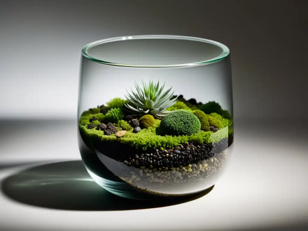 Terrario en envase de vidrio reciclado con musgo verde exuberante, piedras y tierra