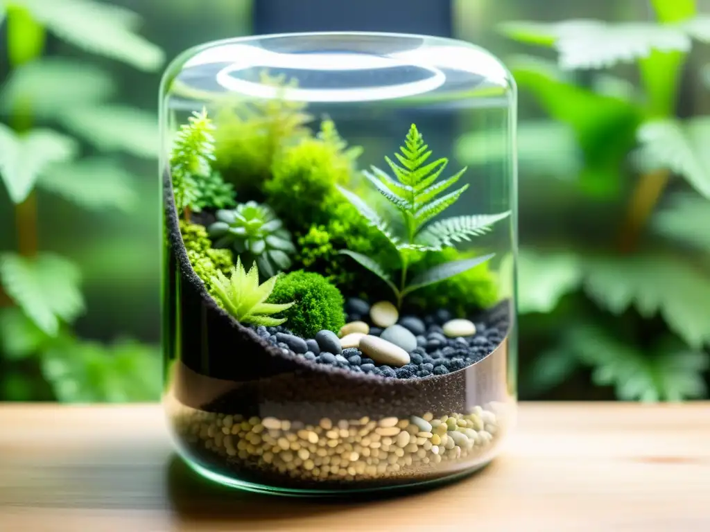 Un terrario en envase de vidrio reciclado, iluminado por la suave luz del sol, muestra un ecosistema equilibrado y hermoso