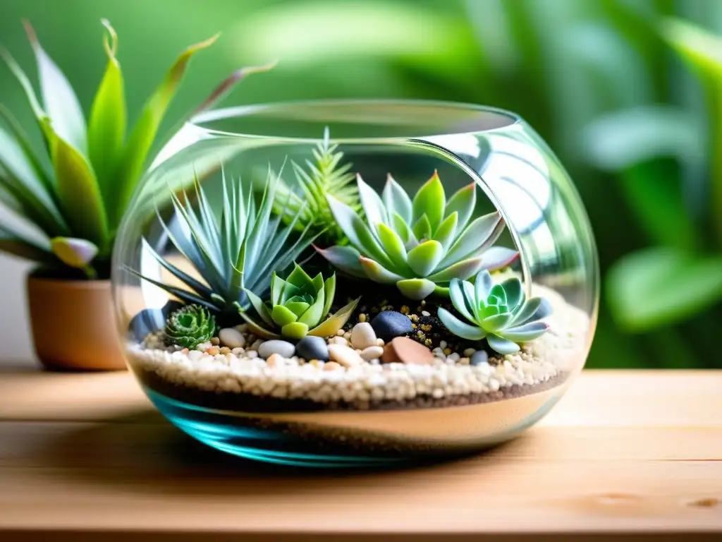 Un terrario de vidrio minimalista con suculentas y plantas de aire, sobre arena y piedras