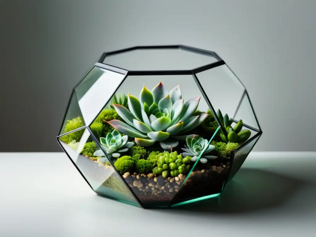 Terrario de vidrio moderno con suculentas, un diseño geométrico y musgo verde sobre fondo blanco, ideal para ideas reutilizar vidrio hogar