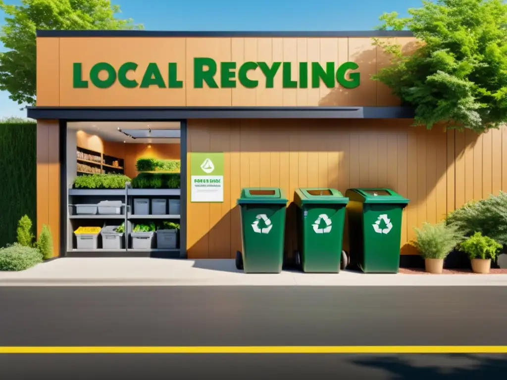 Una tienda de franquicias de reciclaje local con diseño moderno, rodeada de vegetación exuberante y clientes comprometidos con el reciclaje