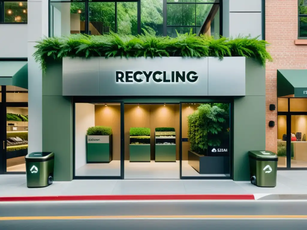 Tienda de franquicias de reciclaje de ropa sostenible con diseño moderno, rodeada de vegetación exuberante y un contenedor de ropa elegante