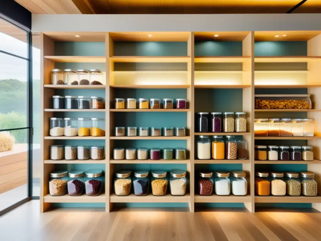 Una tienda a granel moderna y minimalista, con productos coloridos en frascos de vidrio