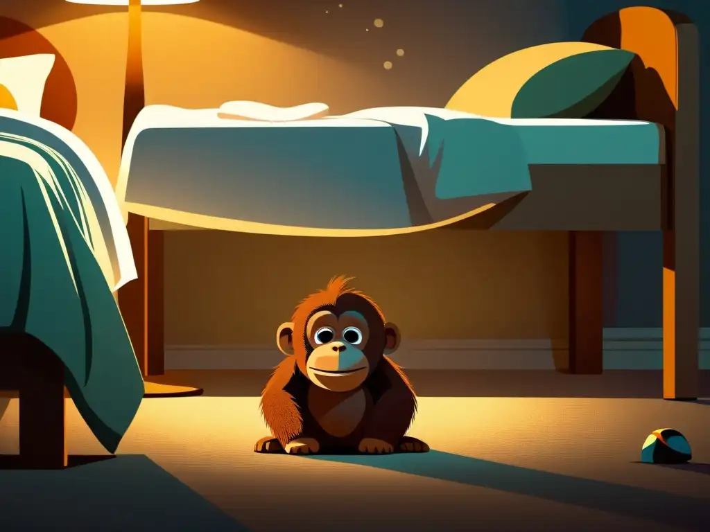 Tierna ilustración de un dormitorio infantil conmovedor, donde un orangután triste asoma bajo la cama