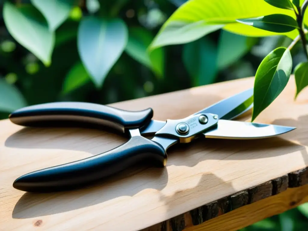 Unas tijeras de podar de diseño ergonómico descansan sobre una mesa de trabajo de madera, iluminadas por el sol entre las hojas de una planta