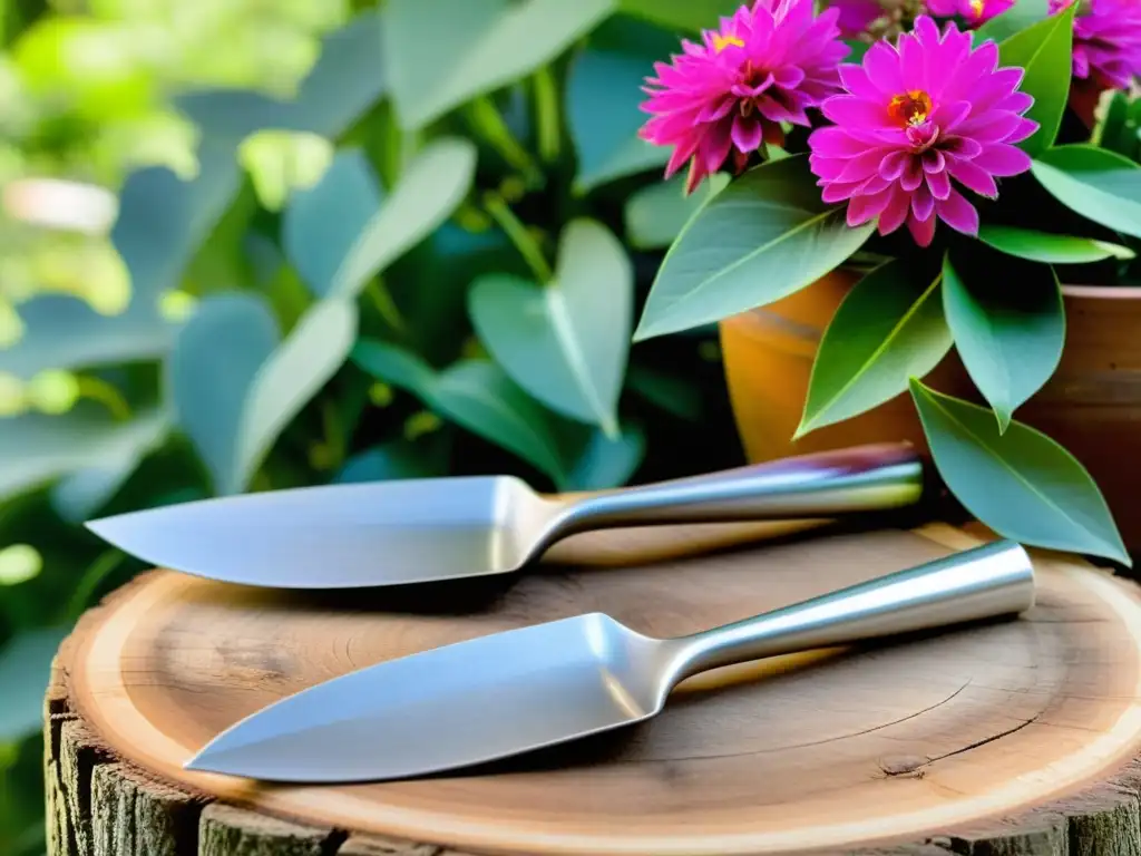 Unas tijeras de podar reciclables descansan sobre una mesa de madera rústica, con un fondo de exuberante vegetación y flores vibrantes