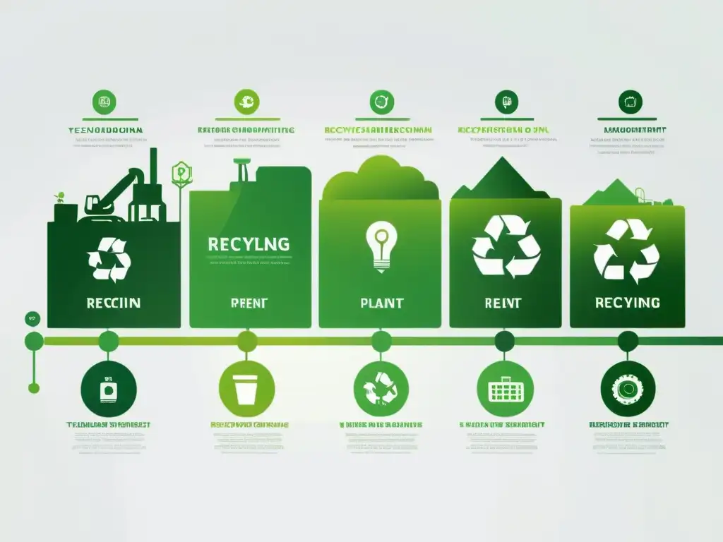 Timeline de avances tecnológicos en reciclaje desde la revolución industrial hasta hoy, en ilustración minimalista