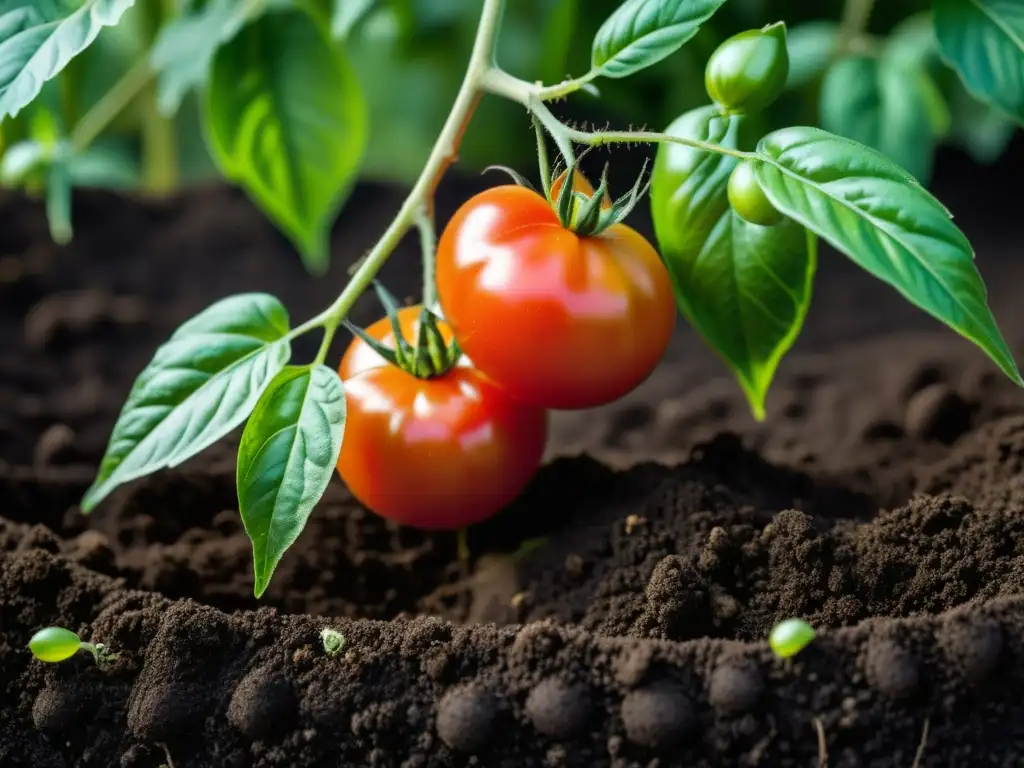 Un tomate maduro y saludable crece en compostaje vs fertilizantes químicos, resalta la vitalidad de la naturaleza