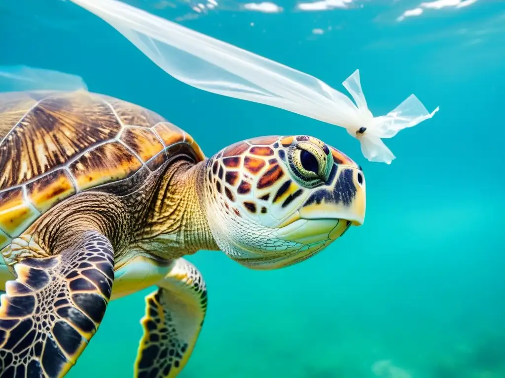 Una tortuga marina atrapada en una bolsa de plástico, luchando por nadar