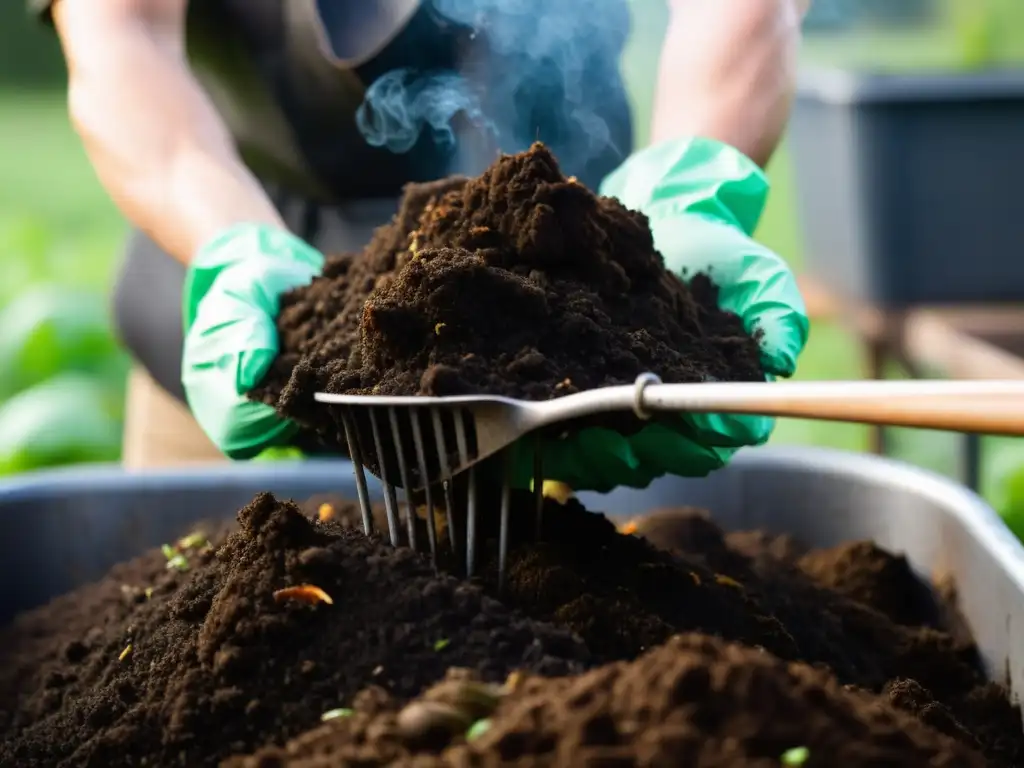 Un trabajador convierte desechos orgánicos en compost, rodeado de vapor