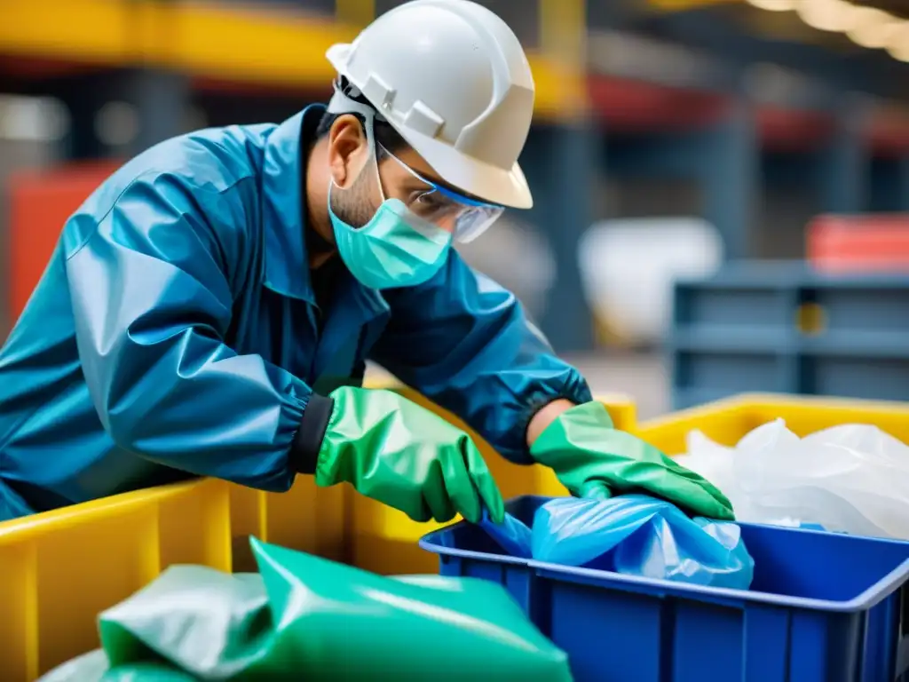 Un trabajador en una planta de reciclaje, con equipo de protección, clasifica plásticos con precisión