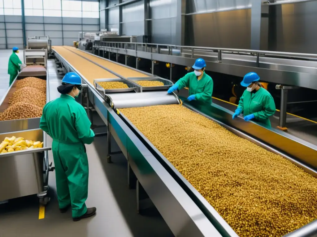 Trabajadores realizan auditorías de residuos en industria alimentaria, clasificando meticulosamente desechos y envases en planta de procesamiento de alimentos