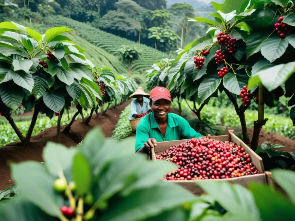 Trabajadores cosechando café en plantación certificada Fair Trade, destacando importancia certificados en consumo responsable