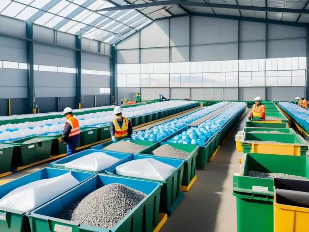 Trabajadores en centro de reciclaje en Corea del Sur, separando materiales con maquinaria moderna y luz natural