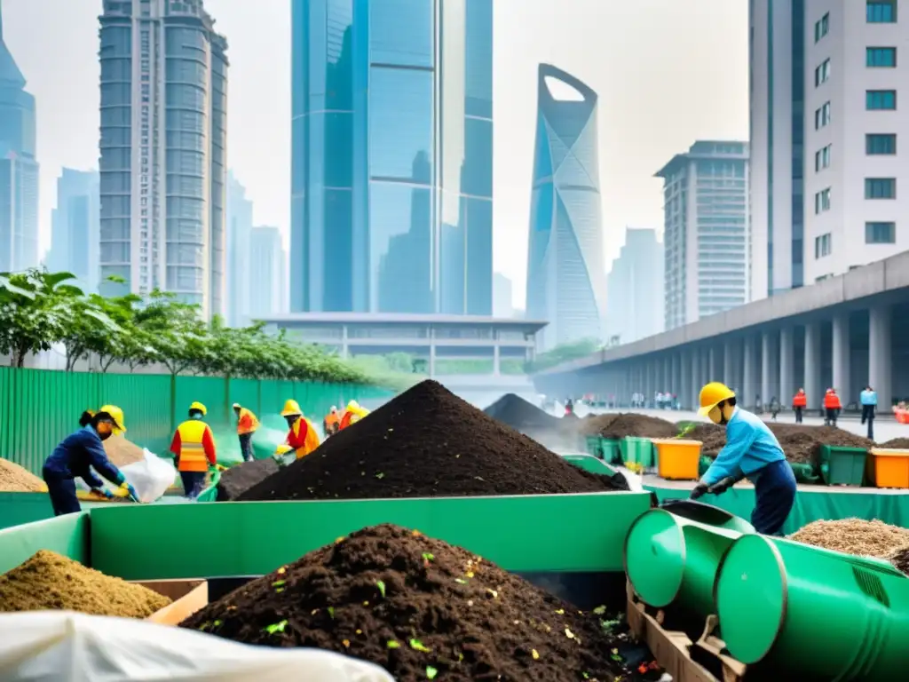 Trabajadores en China realizando compostaje urbano, contrastando con la modernidad de la ciudad