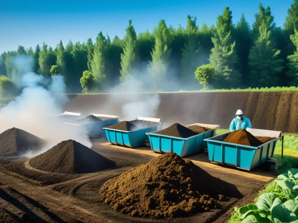 Trabajadores monitorean compostaje industrial en medio de naturaleza exuberante, transmitiendo beneficios del compostaje en industria