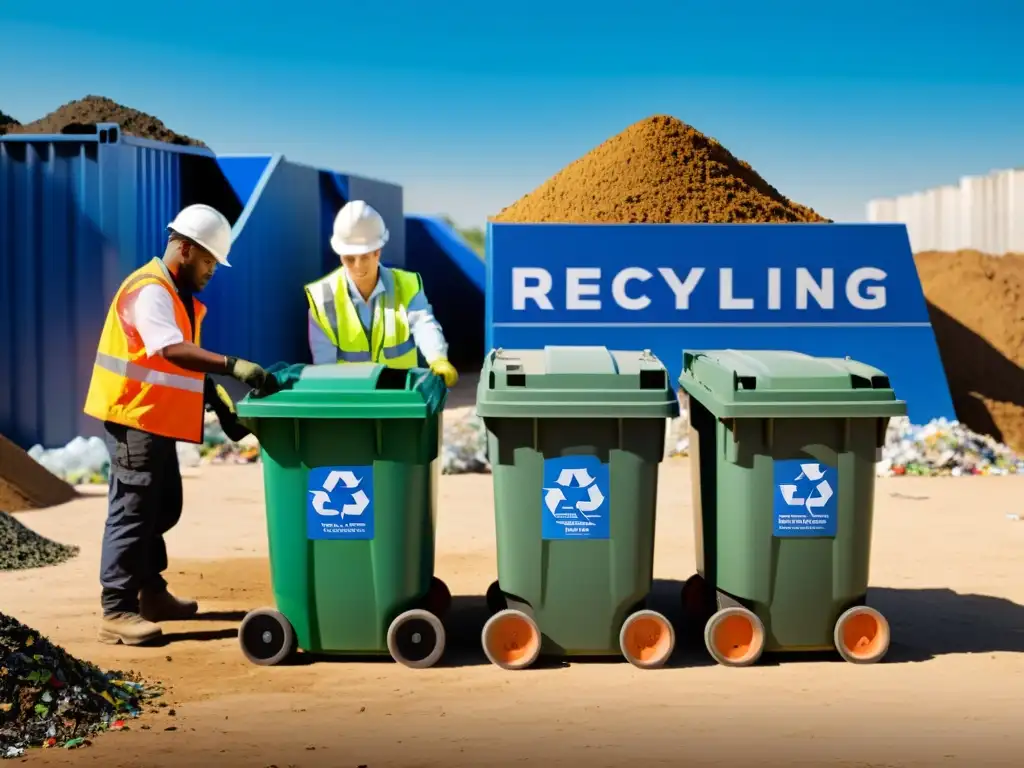 Trabajadores clasificando desechos de construcción en contenedores de reciclaje, bajo cielo azul