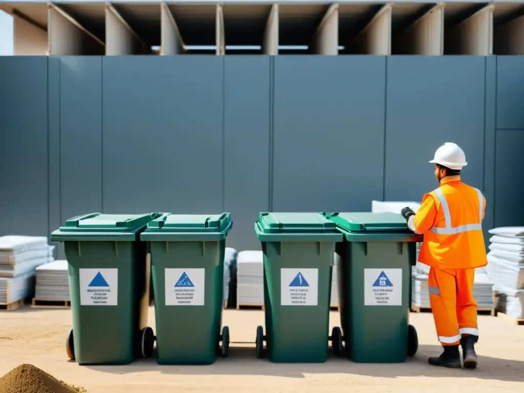 Trabajadores reciclando desechos de construcción de forma segura y organizada en el sitio de construcción