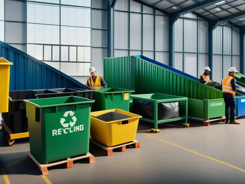 Trabajadores implementando economía circular en reciclaje, clasificando materiales en planta luminosa