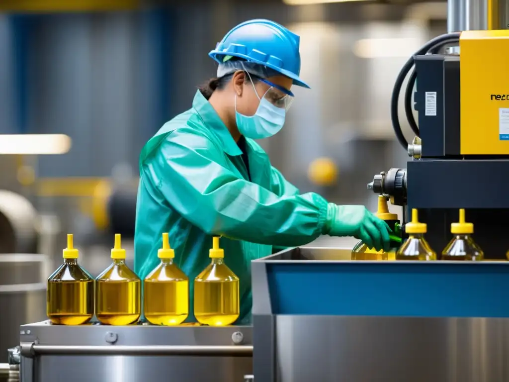 Trabajadores en equipo reciclando aceites usados en una planta moderna, destacando prácticas seguras para reciclar aceites