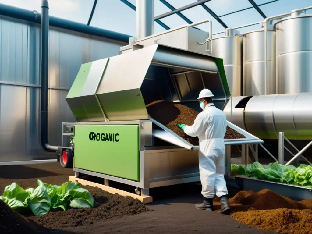 Trabajadores alimentando una máquina de compostaje industrial con residuos orgánicos, generando bioenergía a partir de residuos alimentarios