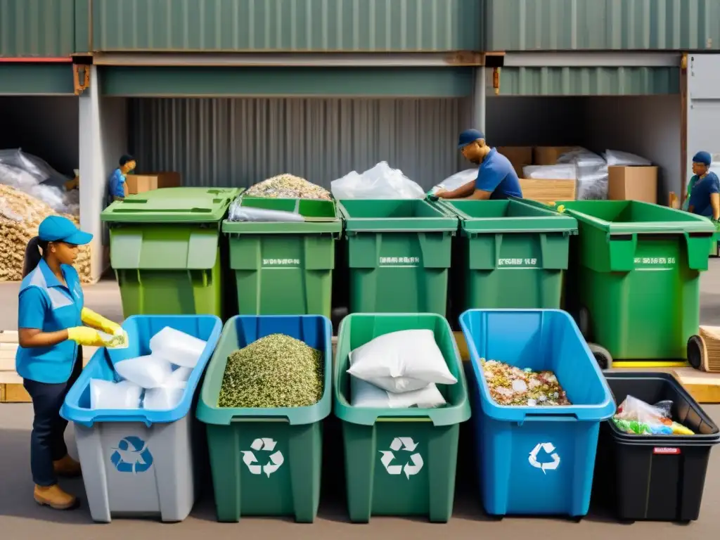 Trabajadores organizando materiales reciclables en un mercado, transmitiendo eficiencia y conciencia ambiental