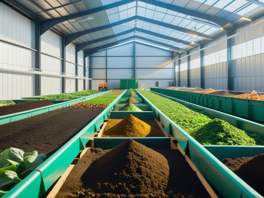 Trabajadores en moderna planta de compostaje industrial, fomentando cultura de compostaje en industria alimentaria