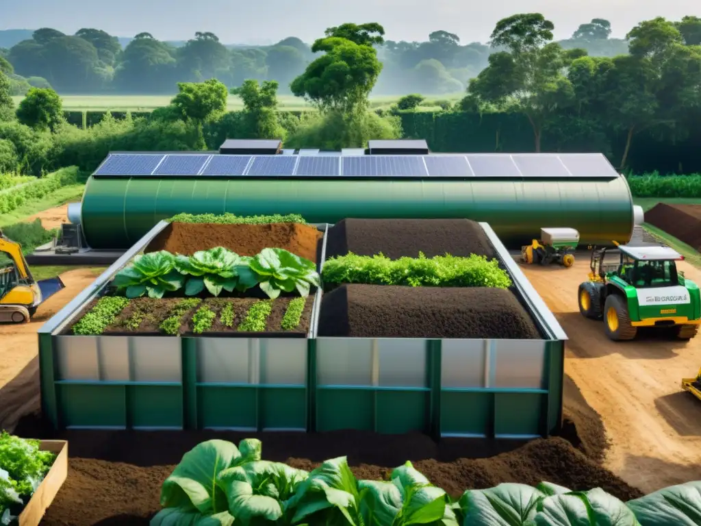 Trabajadores en planta compostaje industrial alimentaria, rodeados de vegetación