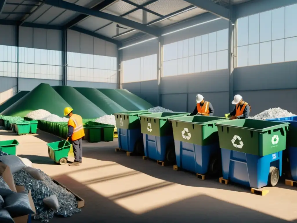 Trabajadores en planta de reciclaje, ambiente sereno y productivo, impacto campaña Every Bottle Back