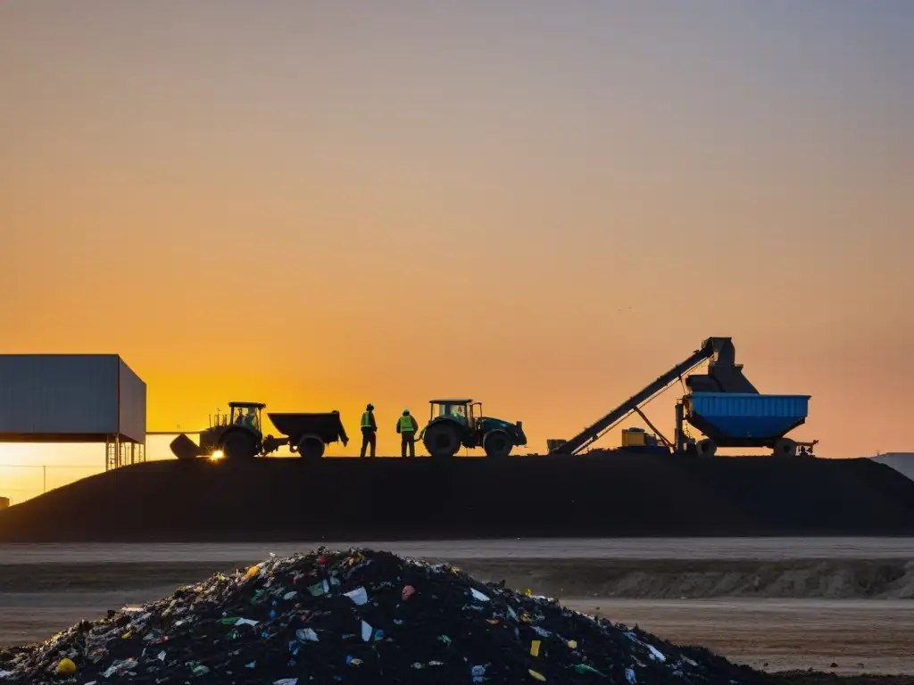 Trabajadores en planta reciclaje al atardecer, transmitiendo sostenibilidad y estrategias de marketing para negocios de reciclaje