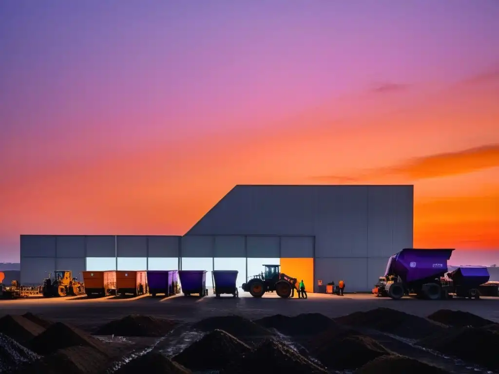 Trabajadores en planta de reciclaje al atardecer con cielo vibrante, reflejando valor añadido franquicias reciclaje