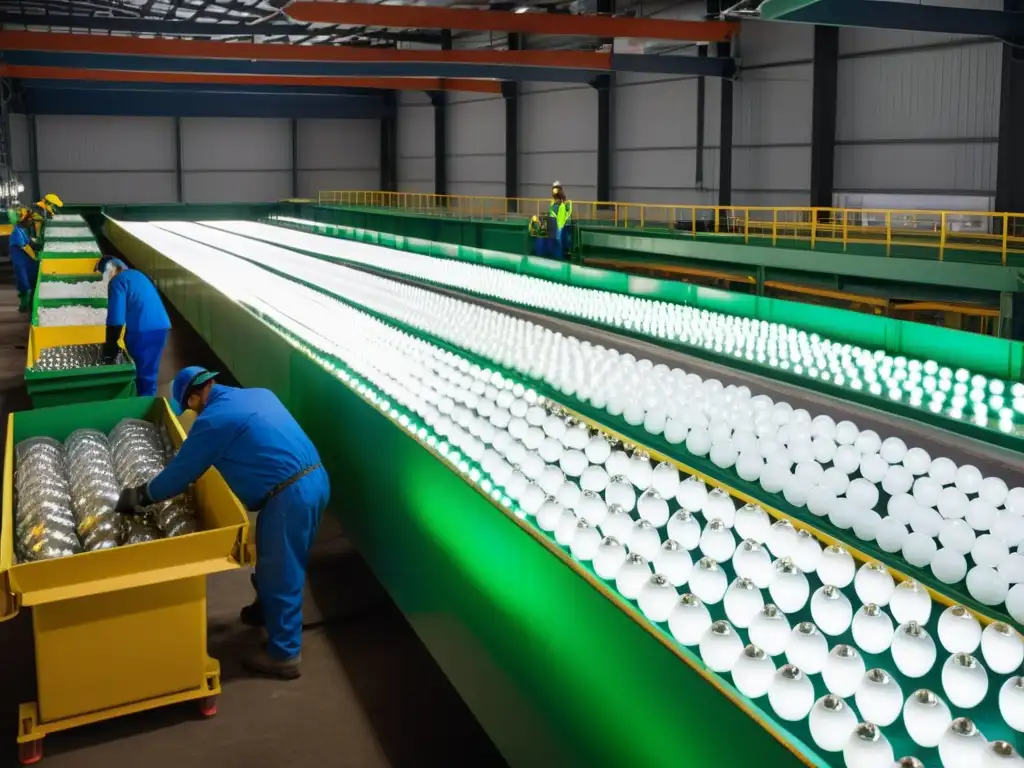 Trabajadores en una planta de reciclaje separando con cuidado bombillas fluorescentes para un reciclaje seguro