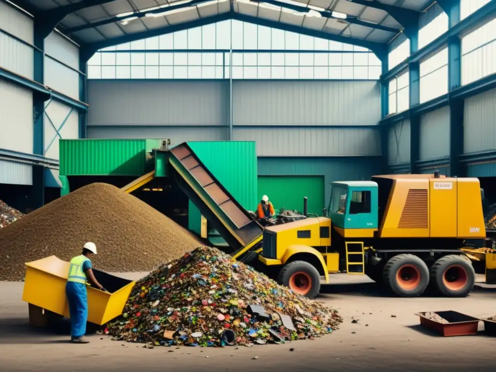 Trabajadores en planta de reciclaje de la década de los 80, con maquinaria vintage y materiales reciclables coloridos