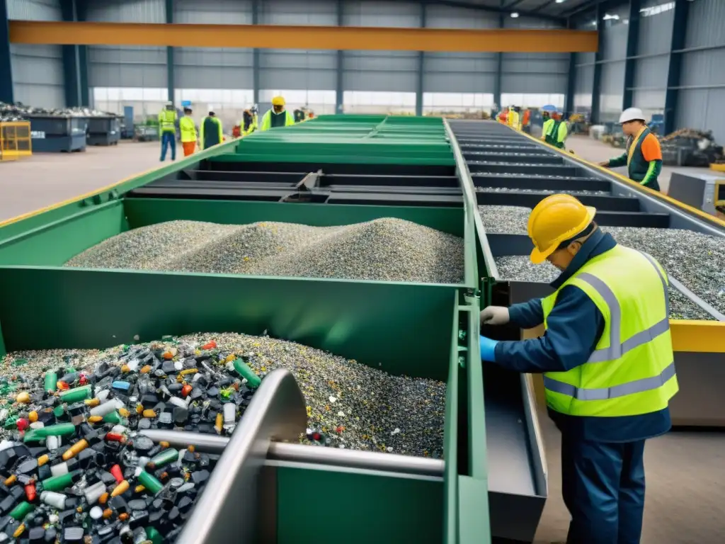 Trabajadores en planta de reciclaje de electrónicos, promoviendo el reciclaje responsable de electrónicos desechados