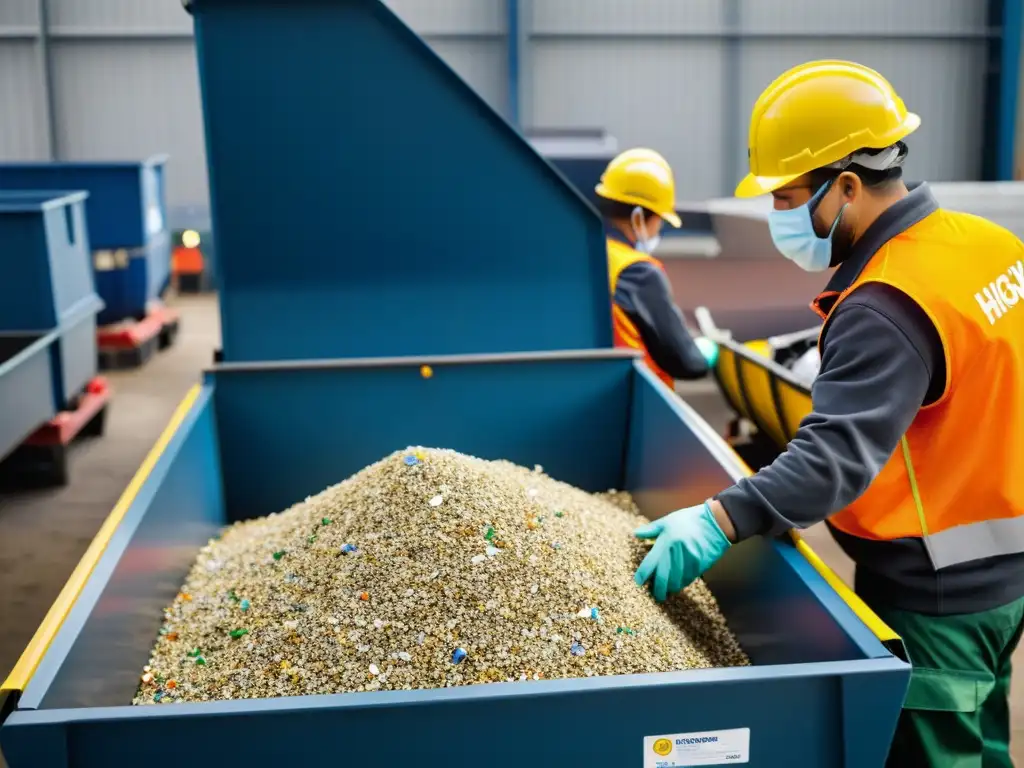 Trabajadores en planta de reciclaje de CocaCola, separando y procesando materiales reciclables con precisión y dedicación