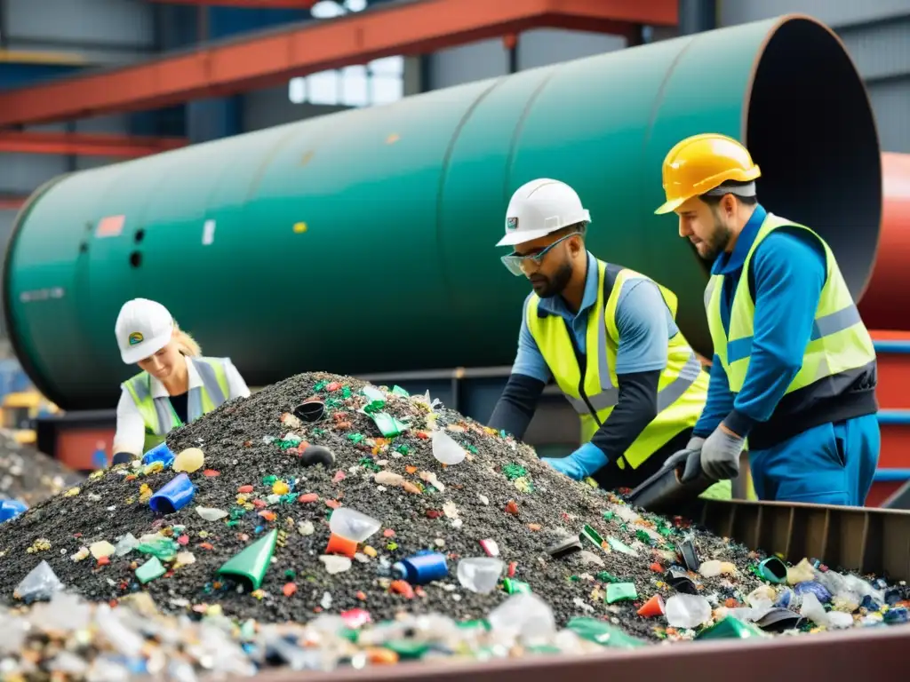 Trabajadores en planta de reciclaje, clasificando materiales