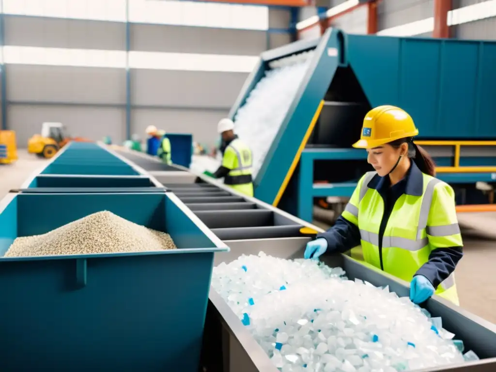 Trabajadores en planta de reciclaje moderna clasificando plástico, vidrio y papel, con iluminación cálida