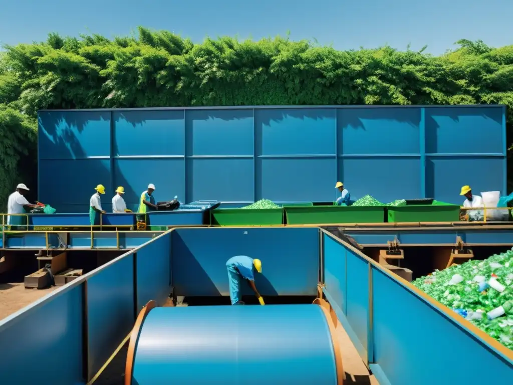 Trabajadores en planta de reciclaje de plásticos, rodeada de naturaleza, enfrentando el desafío ambiental del reciclaje de plásticos