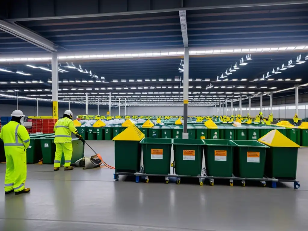 Trabajadores en una planta de reciclaje de residuos peligrosos separando materiales con cuidado y siguiendo estrictos protocolos de seguridad