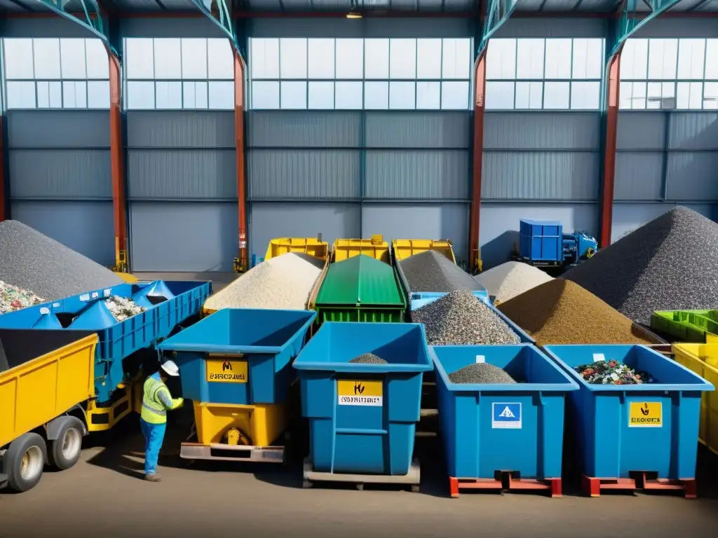 Trabajadores en planta de reciclaje separando residuos en bins etiquetados