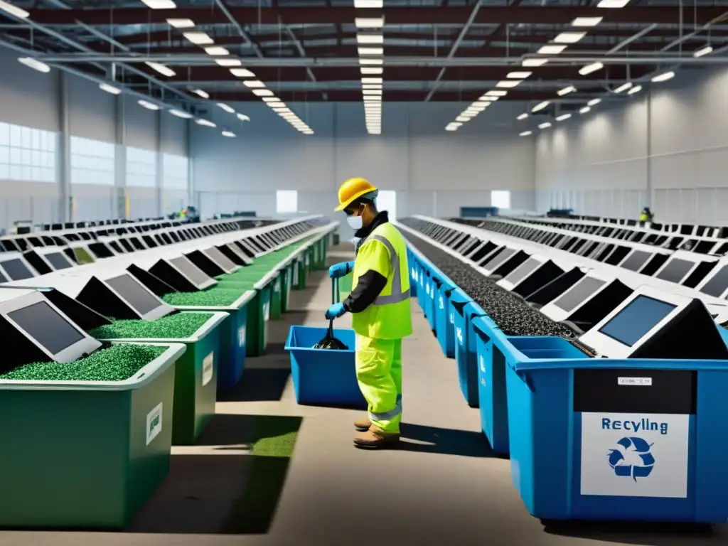 Trabajadores en una planta de reciclaje seguro de residuos electrónicos separando con cuidado materiales electrónicos