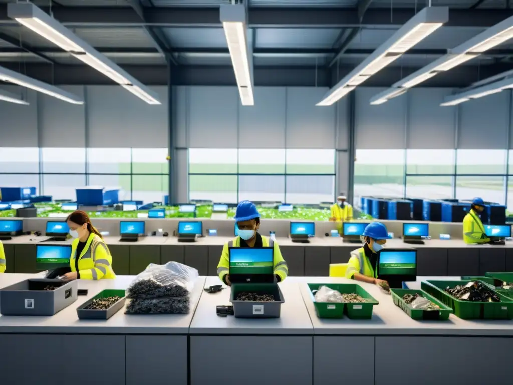 Trabajadores en uniforme clasificando residuos electrónicos en moderna planta de reciclaje