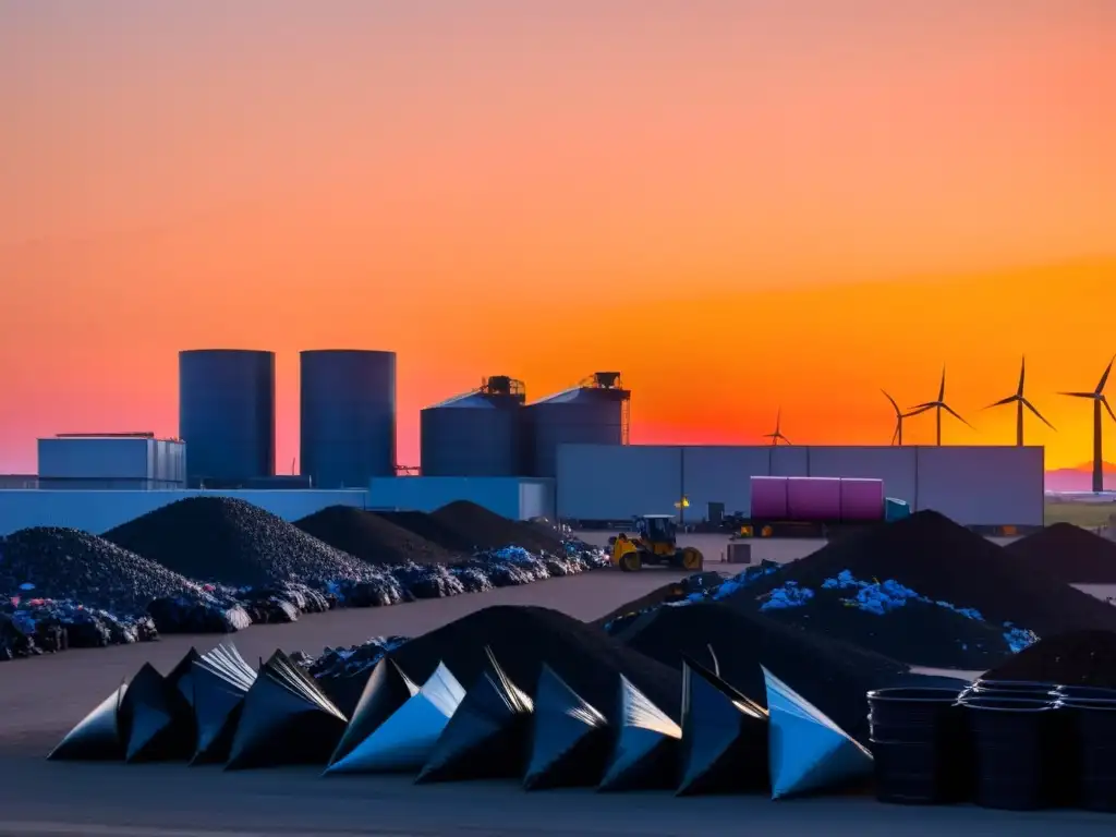 Tranquilidad al atardecer en una planta de reciclaje, trabajadores clasifican materiales mientras el cielo refleja colores cálidos en las ventanas