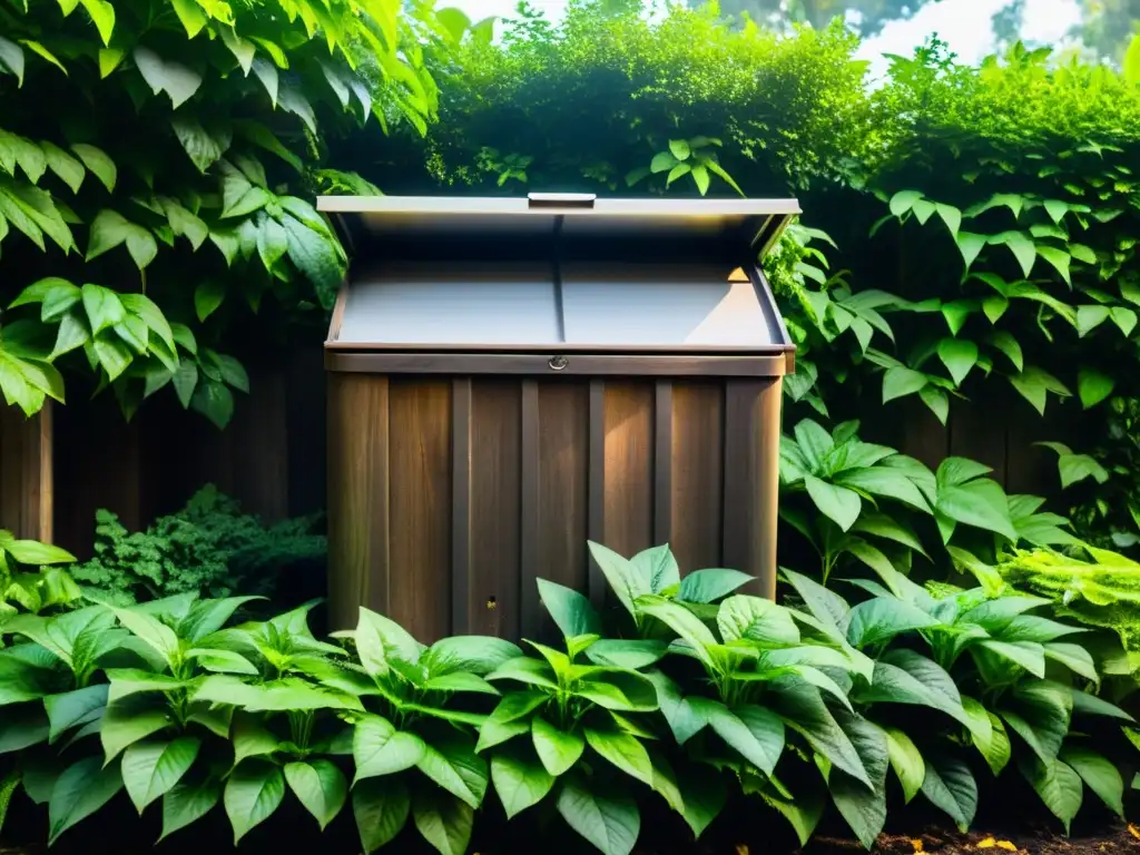 Un jardín tranquilo con un compostador rodeado de plantas verdes exuberantes y luz solar filtrándose